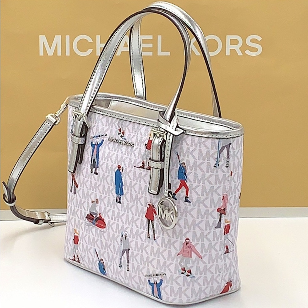 Michael Kors Jet Set Girls Print White Signature XSMALL Carryall Top Zip Tote - Picture 5 of 16